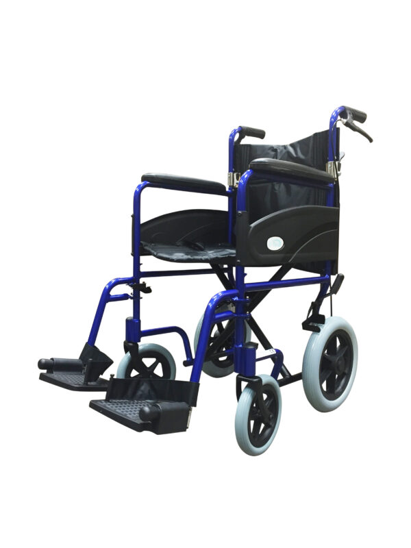 ZT-601X Folding Aluminium Transit Wheelchair with Attendant Handbrakes in Solid Blue - Image 2