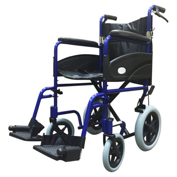 ZT-601X Folding Aluminium Transit Wheelchair with Attendant Handbrakes in Solid Blue